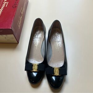 Salvatore Ferragamo Black Patent Loafers/Pumps with Gold Detail